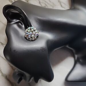 Earrings, vintage, blue rhinestone ab clip on. Silver plated.